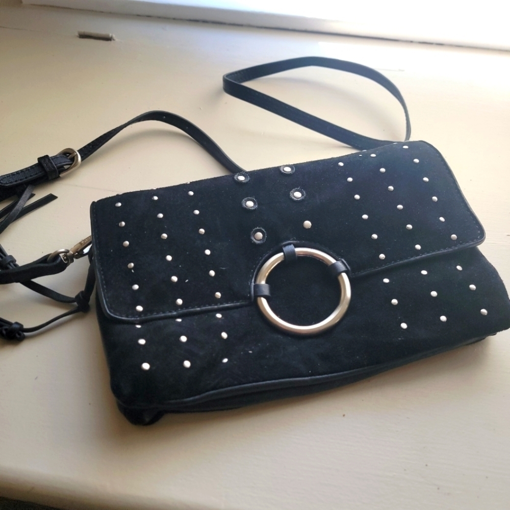 Sorial, Black Suede Crossbody Bag with silver studs
